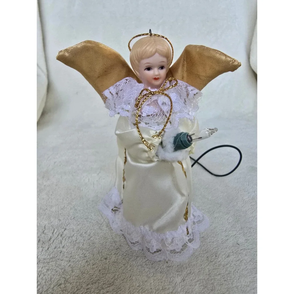 Vintage Porcelain Angel Tree Topper Gold Wings Cream Lace Christmas Decor 6.5in